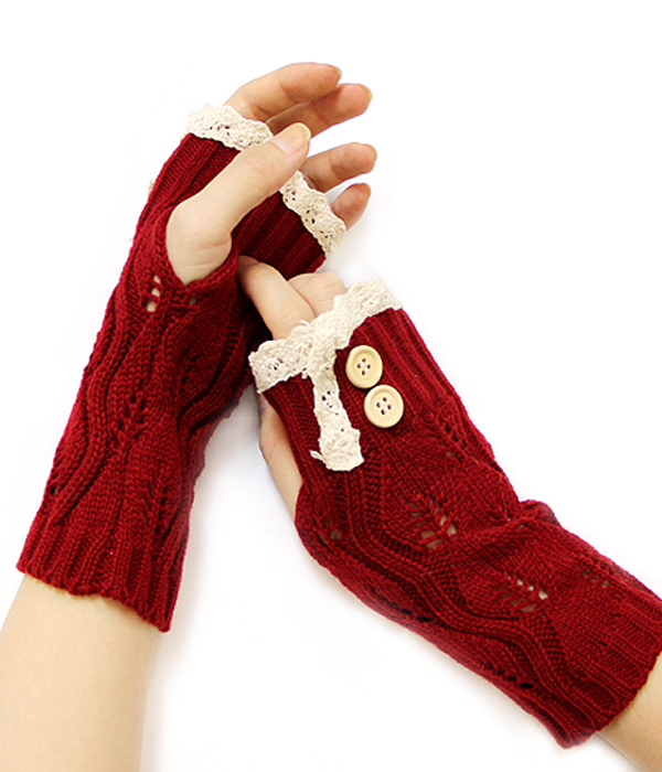 VINTAGE LACE AND DOUBLE BUTTON ACCENT OPEN FINGER KNIT GLOVE OR ARM WARMERS