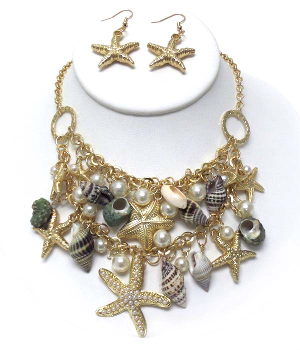 MULTI PEARL AND SEA LIFE WITH METAL STAR FISH DROP CHAIN NECKLACE EARRING SET