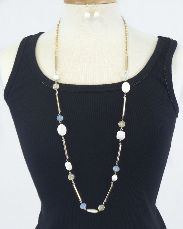 GLASS AND SHELL DECO METAL TUBE LINK LONG NECKLACE EARRING SET
