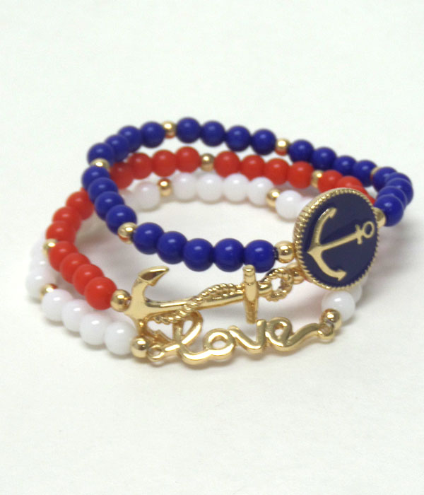 NAUTICAL THEME ANCHOR AND LOVE STRETCH BRACELET SET OF 3