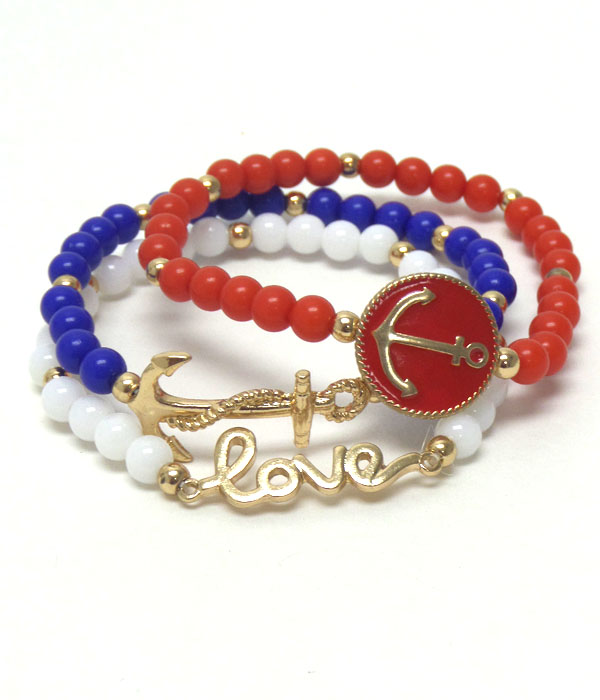 NAUTICAL THEME ANCHOR AND LOVE STRETCH BRACELET SET OF 3