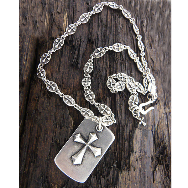 MENS STAINLESS STEEL METAL CHAIN NECKLACE - CROSS DOGTAG PENDANT