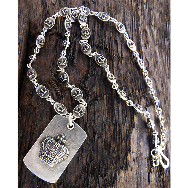 MENS STAINLESS STEEL METAL CHAIN NECKLACE - CROWN DOGTAG PENDANT
