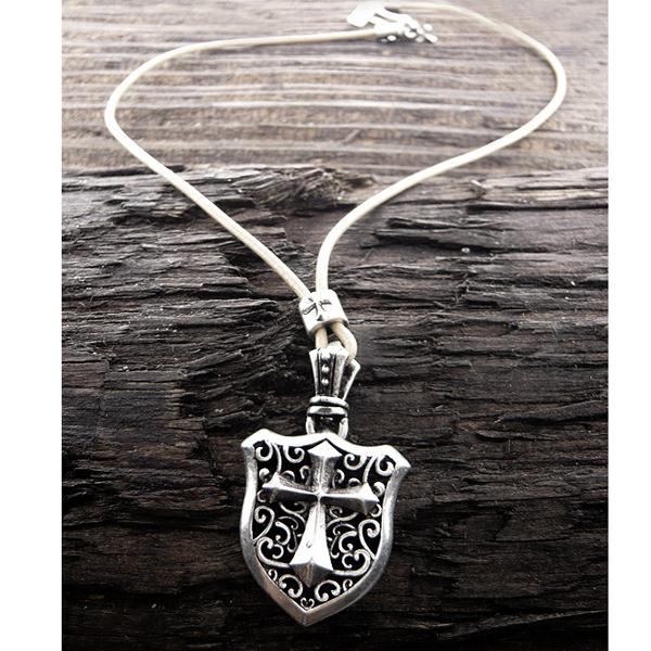 MENS STAINLESS STEEL LEATHER CHAIN NECKLACE - CROSS SHIELD PENDANT
