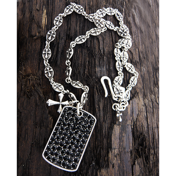 MENS STAINLESS STEEL METAL CHAIN NECKLACE - CRYSTAL DOGTAG AND CROSS PENDANT