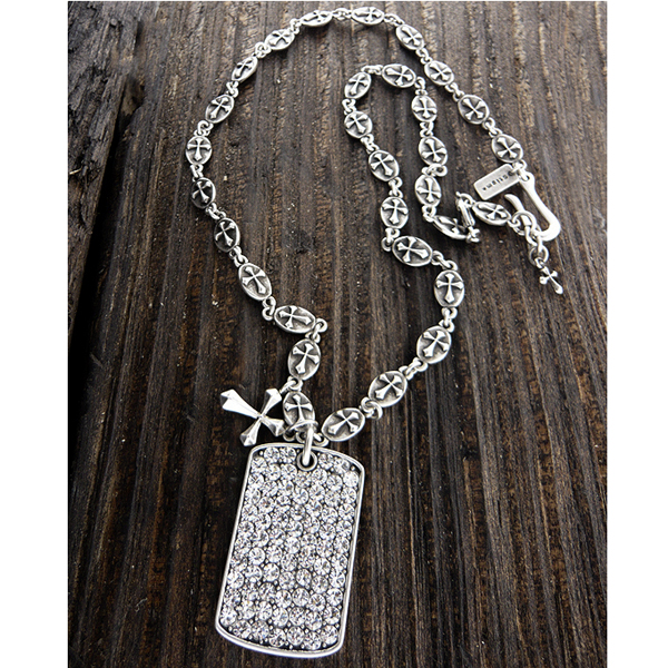 MENS STAINLESS STEEL METAL CHAIN NECKLACE - CRYSTAL DOGTAG AND CROSS PENDANT