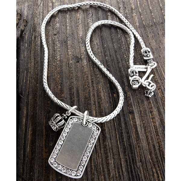MENS STAINLESS STEEL METAL CHAIN NECKLACE - CRYSTAL DOGTAG AND CROWN PENDANT