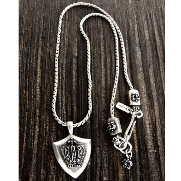 MENS STAINLESS STEEL METAL CHAIN NECKLACE - CROWN SHIELD PENDANT