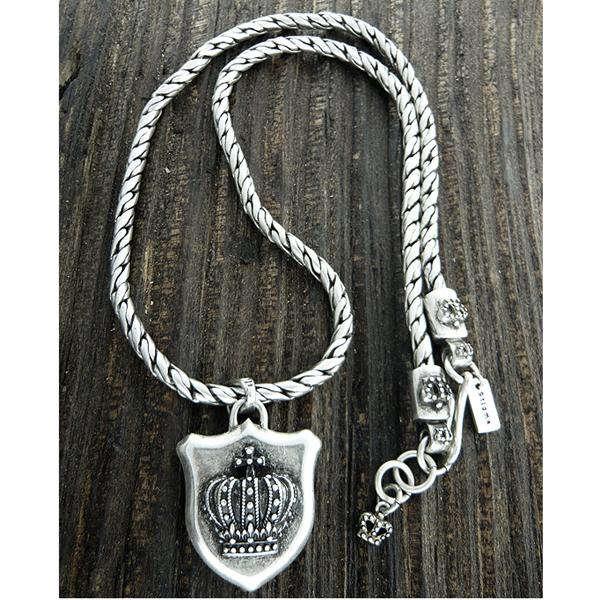 MENS STAINLESS STEEL METAL CHAIN NECKLACE - CROWN SHIELD PENDANT