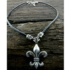 MENS STAINLESS STEEL LEATHER CHAIN NECKLACE - CRYSTAL FLEUR DE LIS SHIELD CHARM