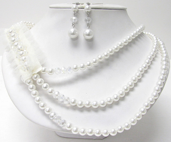 CRYSTAL CENTER DECO FABRIC BAND ACCENT TRIPLE PEARL CHAIN NECKLACE EARRING SET