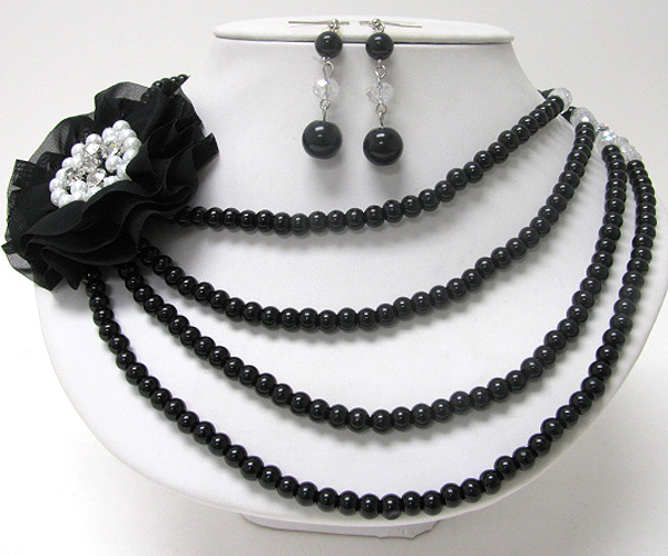 CRYSTAL AND PEARL CENTER FABRIC FLOWER CORSAGE NECKLACE EARRING SET