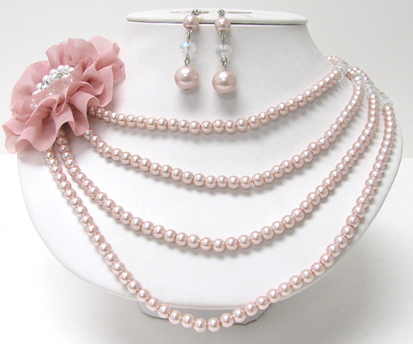 CRYSTAL AND PEARL CENTER FABRIC FLOWER CORSAGE NECKLACE EARRING SET