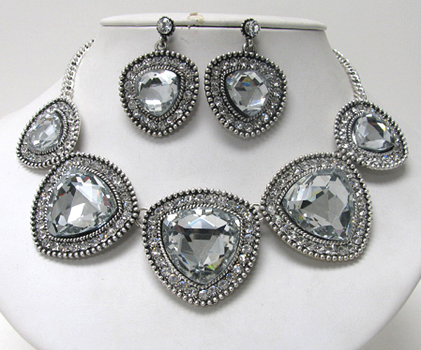 MULTI TRIANGULAR FACET GLASS AND CRYSTAL DECO LINK NECKLACE EARRING SET