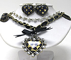DESIGNER STYLE HEART AND SUEDE CORD AND CHAIN NECKLACE EARRING SET - Wholesale Fashion Jewelry