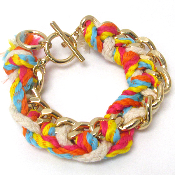 HANDMADE METAL CHAIN AND COLOR ROPE TIED TOGGLE BRACELET