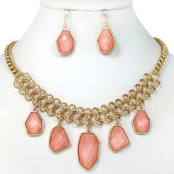 NATURAL SHAPE FACET STONE DROP AND METAL CHAIN NECKLACE EARRING SET