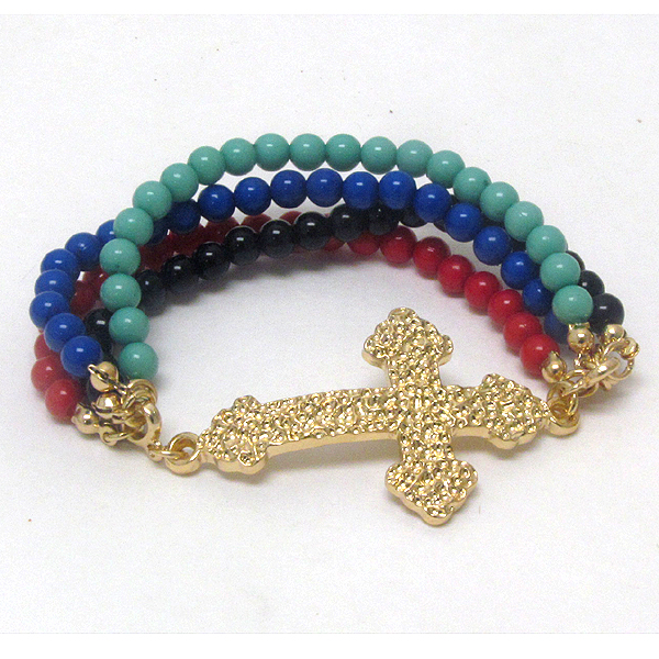 TEXTURED METAL CROSS AND BALL BEAD 4 LAYER STRETCH BRACELET