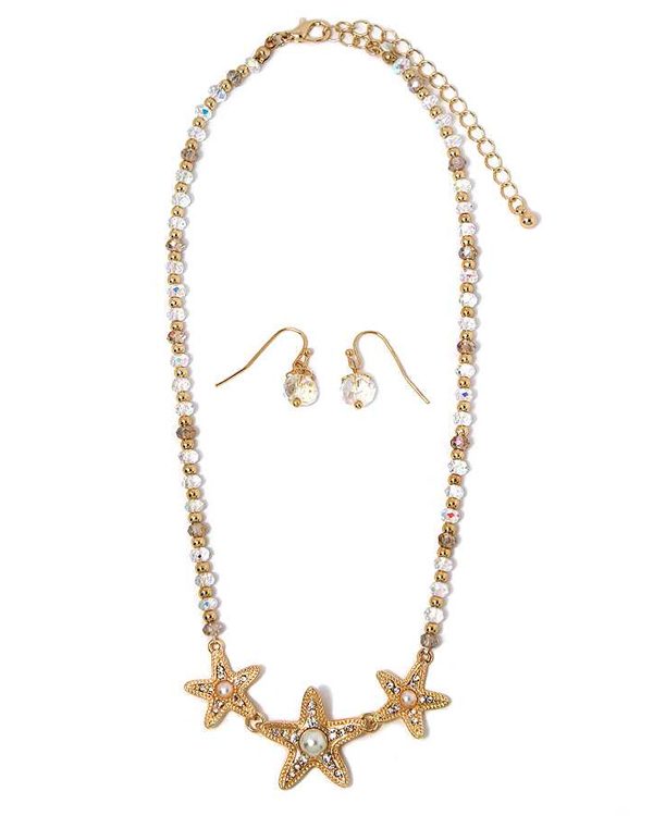 THREE CRYSTAL STARFISH WITH PEARL DROP MULTI CRYSTAL GLASS BEADS AND METAL BALLS NECKLACE EARRING SET
