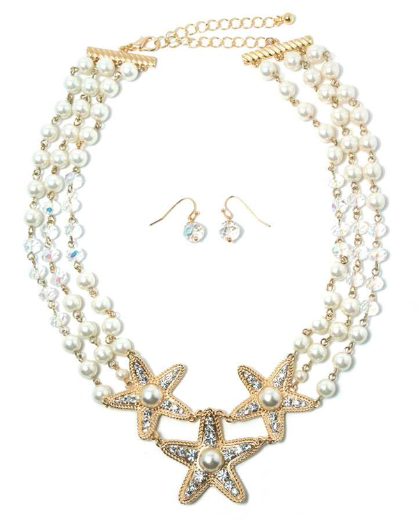 THREE CRYSTAL STARFISH WITH PEARL DROP THREE LINE MULTI CRYSTAL GLASS BEADS AND PEARL NECKLACE EARRING SET