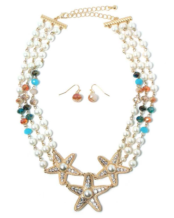 THREE CRYSTAL STARFISH WITH PEARL DROP THREE LINE MULTI CRYSTAL GLASS BEADS AND PEARL NECKLACE EARRING SET
