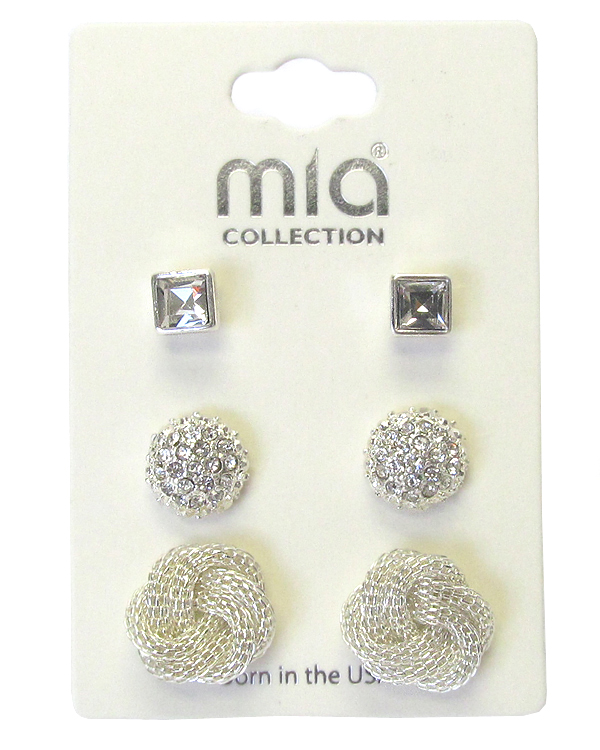 CRYSTAL AND METAL KNOT 3 PAIR EARRING SET