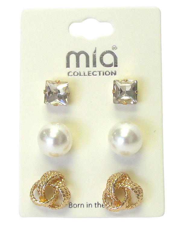 CRYSTAL AND METAL KNOT 3 PAIR EARRING SET