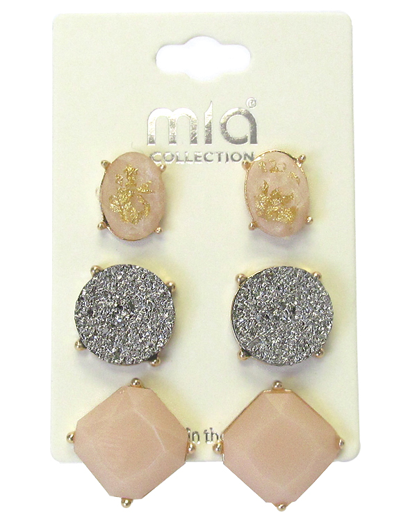 DRUZY AND FACET ACRYLIC STONE MIX 3 PAIR EARRING SET