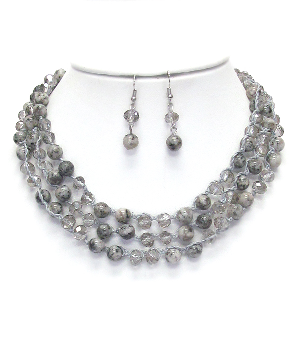 FACET GLASS AND GENUINE BALL BEAD MIX 3 LAYER NECKLACE SET