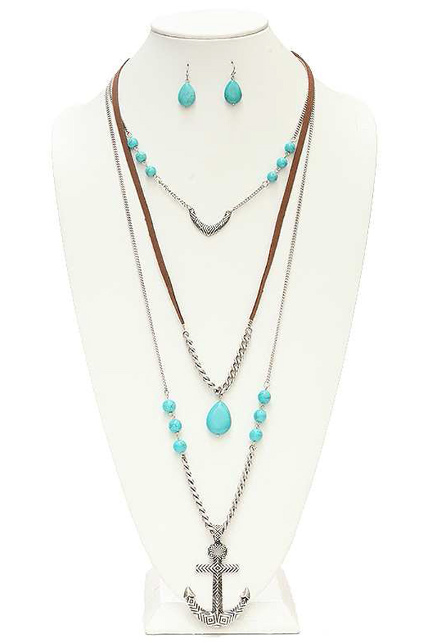 ANCHOR AND TURQUOISE PENDANT THREE LAYER CORD AND CHAIN MIX NECKLACE SET
