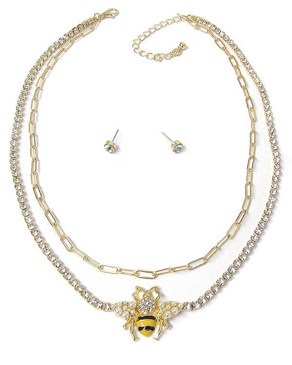 CRYSTAL AND PEARL BEE DOUBLE LAYER CHAIN NECKLACE SET
