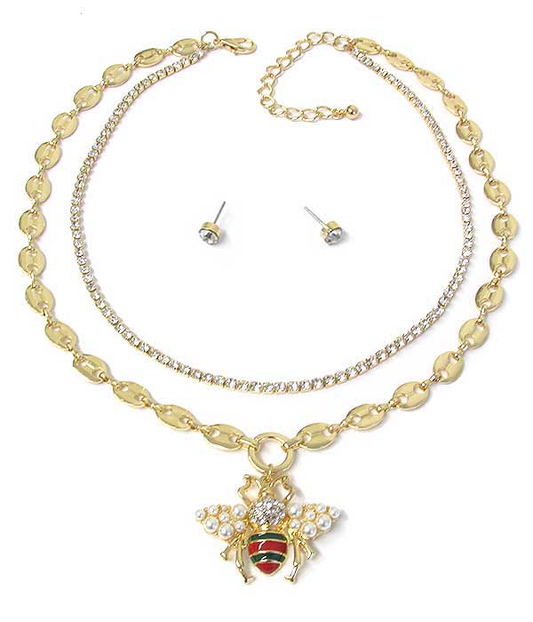 CRYSTAL AND PEARL BEE DOUBLE LAYER CHAIN NECKLACE SET