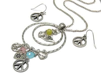 PEACE THEME DUAL ROUND PEANDAN AND BEDS AND STOND DANGLE NECKALE AND EARRING SET
