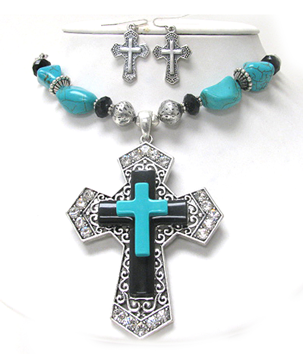 TRIPLE LAYER TURQUOISE ONYX DECO CRYSTAL CROSS PENDANT NECKLACE EARRING SET