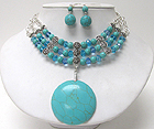 TURQUOISE ROUNDP PENDANT AND GLASS BEADS AND TURQUOISE BALL LINK NECKLACE EARRING SET