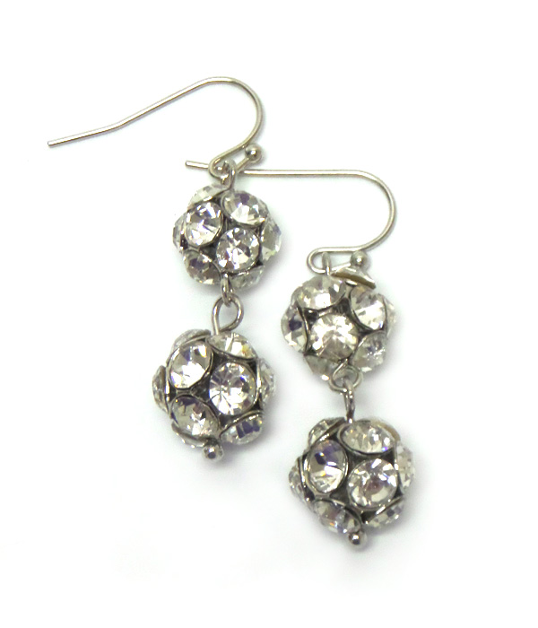 DROP TWO LINKED BALL WITH CRYSTALS FISH HOOK EARRINGS 