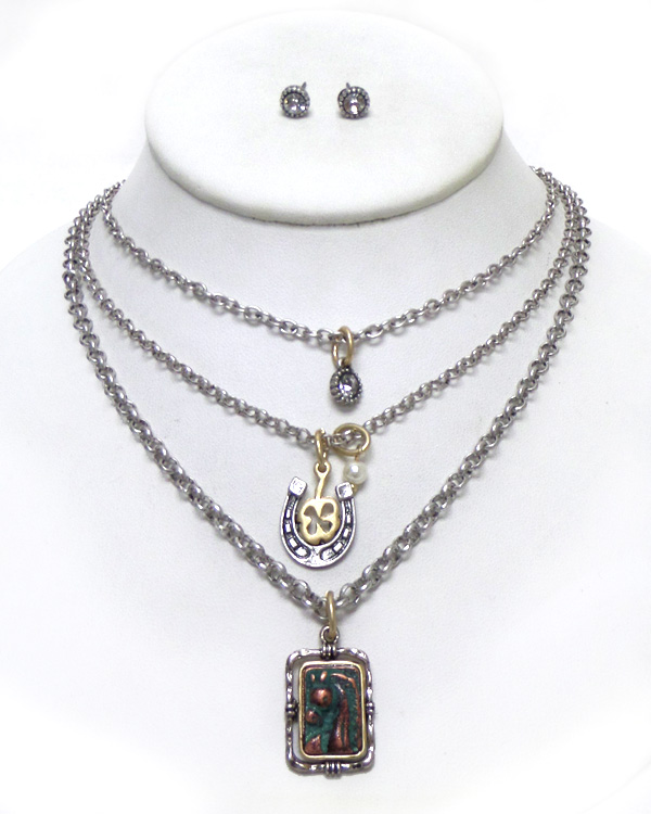 THREE LAYER CHAIN WESTERN HORSE CHARM NECKLACE SET