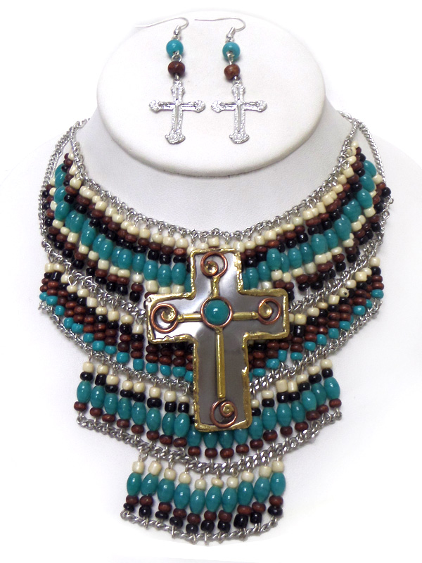 TRIBAL STYLE HAND MADE LAYERS OF SEED BEADS WITH METAL CROSS NECKLACE SET