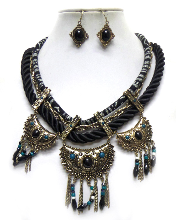 THREE LAYER RWISTED ROPE AND CHAIN TRIBAL STYLE NECKLACE SET