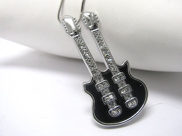 MADE IN KOREA WHITEGOLD PLATING CRYSTAL AND ONYX ACRYL DECO DOUBLE NECK GUITAR PENDANT NECKLACE