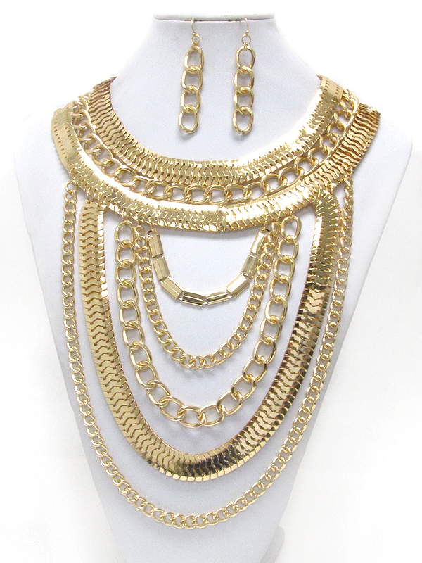 MULTI FLAT SNAKE AND THICK CHAIN MIX DROP STATEMENT NECKLACE EARRING SET