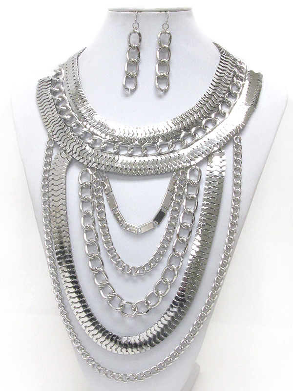 MULTI FLAT SNAKE AND THICK CHAIN MIX DROP STATEMENT NECKLACE EARRING SET