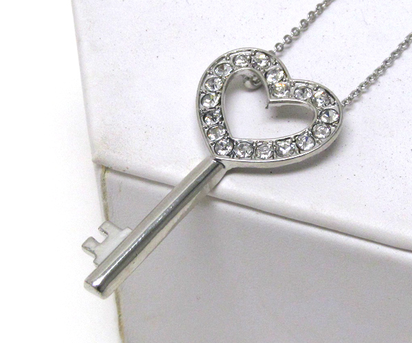 CRYSTAL CUT OUT HEART KEY PENDANT NECKLACE -valentine