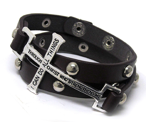 EPOXY ON BIBLE PHRASE INSIDE METAL CROSS AND METAL BALLS ON LEATHER BAND BUTTON WRAP BRACELET