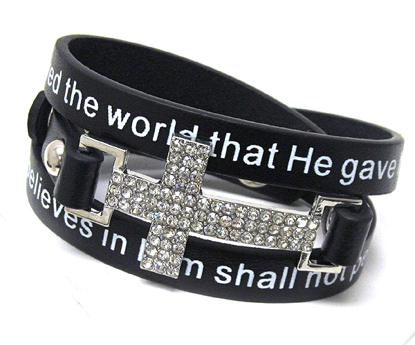CRYSTAL CROSS AND BIBLE PHRASE ON LEATHER BAND BUTTON BRACELET