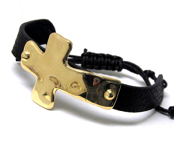METAL HAMMERED CROSS WITH LEATHER BAND CORD BRACELET