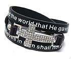 CRYSTAL CROSS AND BIBLE PHRASE ON LEATHER BAND BUTTON BRACELET