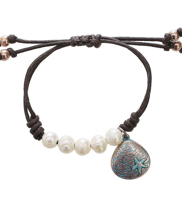 FRESHWATER PEARL AND SHELL CHARM PULL TIE BRACELET