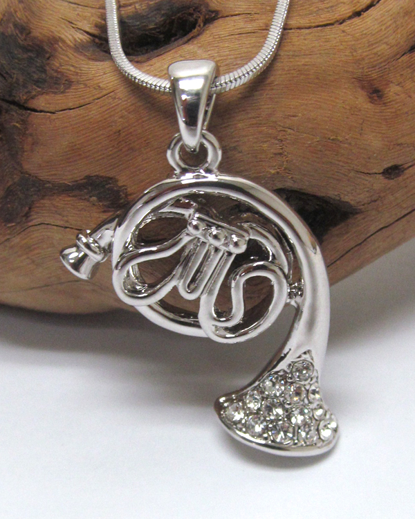 MADE IN KOREA WHITEGOLD PLATING CRYSTAL MUSIC THEME HORN PENDANT NECKLACE