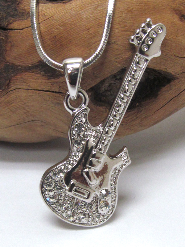 MADE IN KOREA WHITEGOLD PLATING CRYSTAL MUSIC THEME GUITAR PENDANT NECKLACE